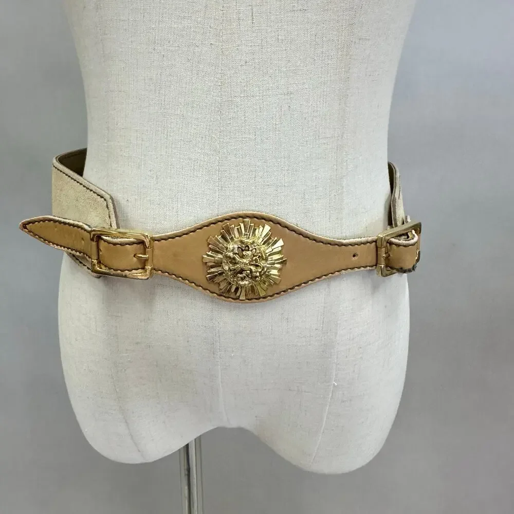 Vintage Suede Leather Waist Belt w/ Gold‎ Lion Medallion Statement Size Large